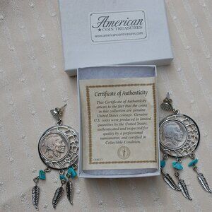 Americian Coin Treausure Dream Catcher 1937 Buffalo Nickel Coin Earrings
